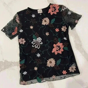 Como Vintage Sheer Black Floral Embroidered Top Women's XS Mesh Front Sexy Cute